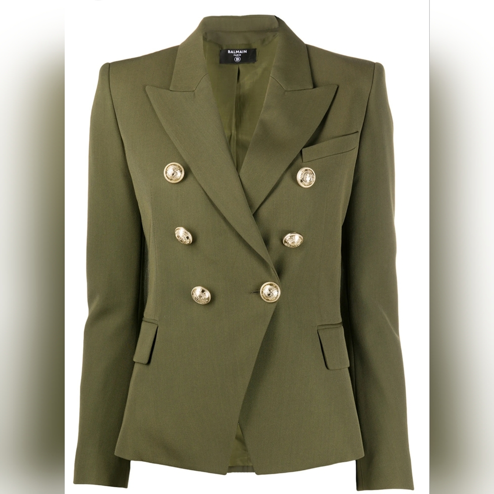 NWT Balmain Double Peaked Lapel Olive Green Wool Blazer Sz 36